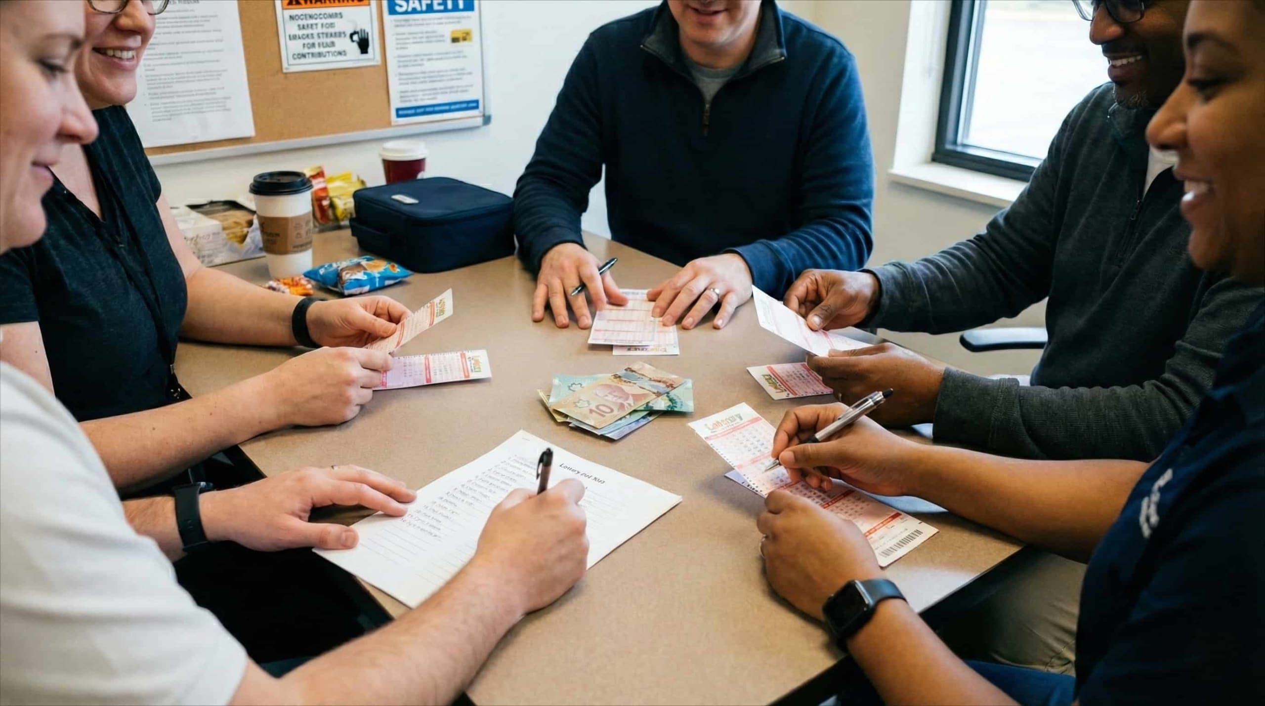 Five co-workers gathered around table organizing lottery pool tickets before the big Lotto Max win